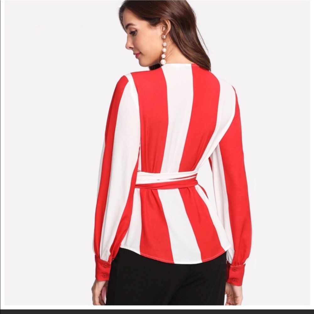 New Bold Red and White Crepe Striped wrap top